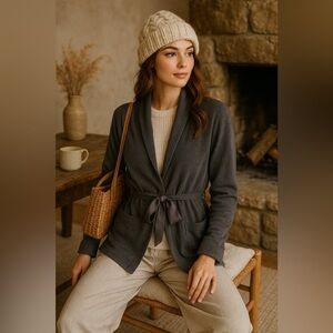 Max Edition Gray Open Front Cardigan with Ribbon Tie Up